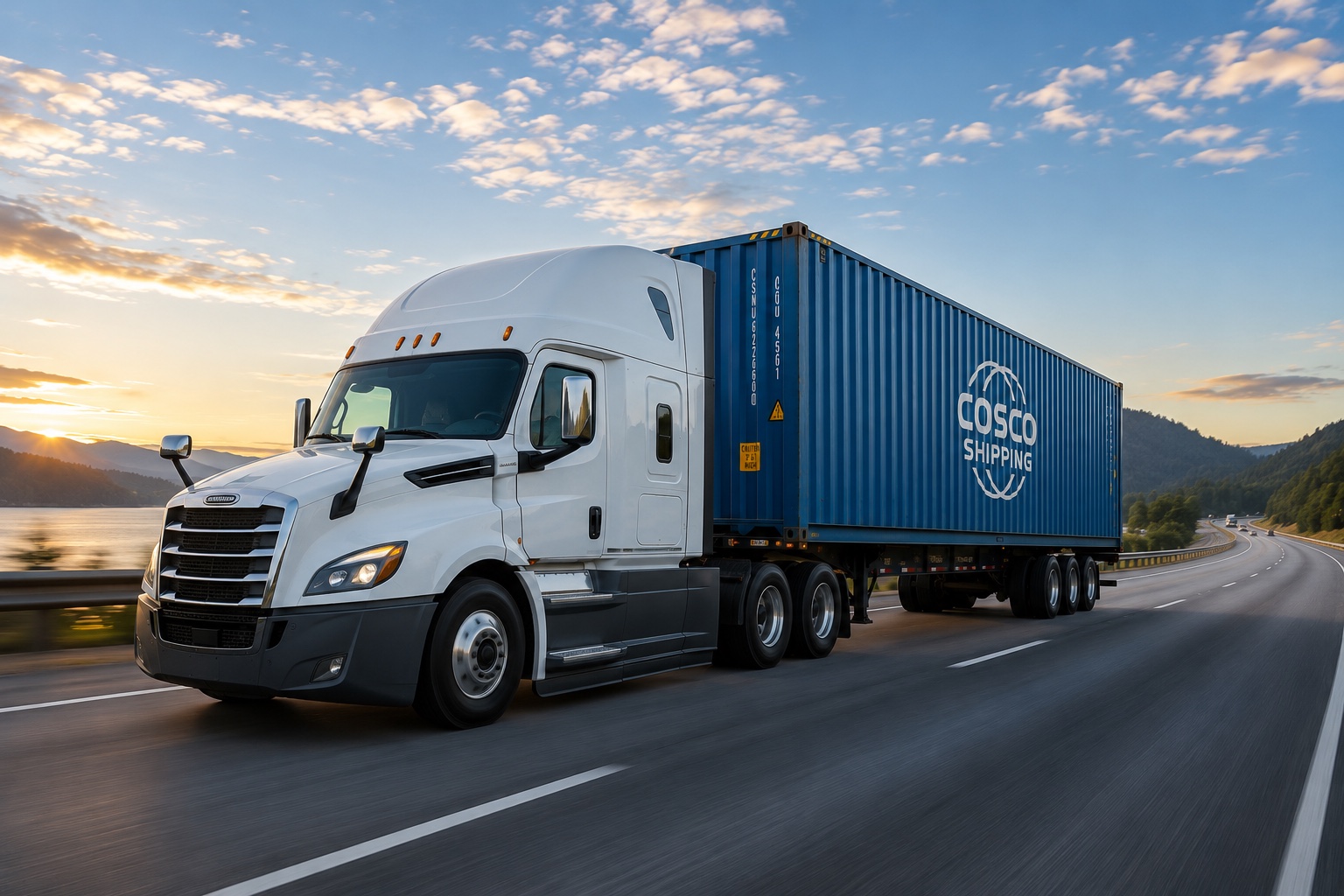 Drayage truck hauling a container on a U.S. highway